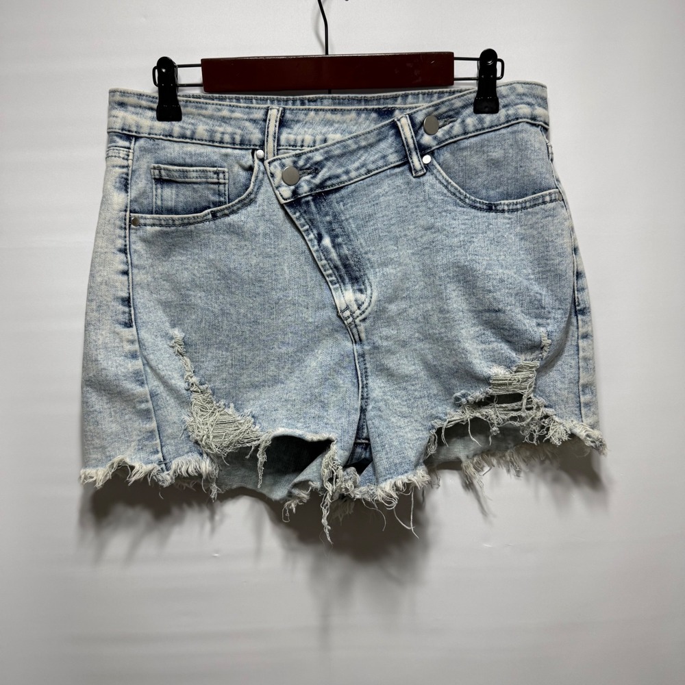 Asymmetrical Waist Denim Shorts Distressed Acid Wash Blue‎ Unbranded Size 30